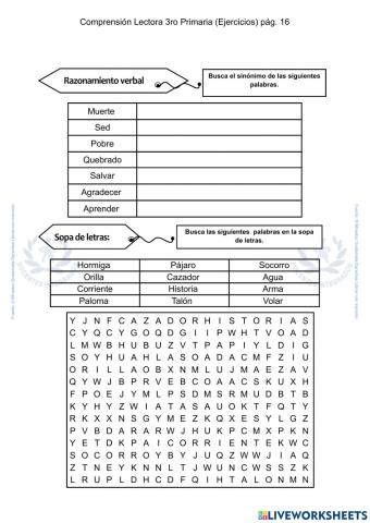 Ejerciccios de Comprensión Lectora pág. 15 - Sopa de letras