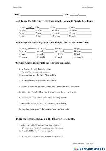 Reported Speech - Grammar - Worksheet