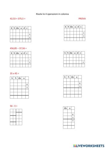 Operazioni in colonna con prova