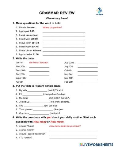 GRAMMAR REVIEW Elementary Level