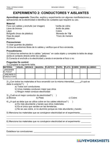 Experimento 2. Conductores y aislantes