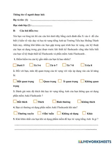 Phiếu đánh giá và phiếu bài tập trước và sau khi thử nghiệm học từ vựng tiếng anh qua ứng dụng Anki Flashcards