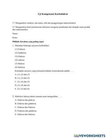 Uji Kompetensi Karbohidrat