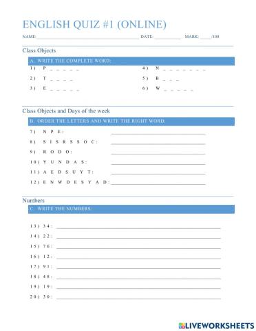 Simple numbers, days of the week, class objects quiz