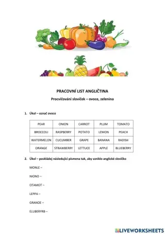 Pracovní list: Slovíčka - ovoce, zelenina