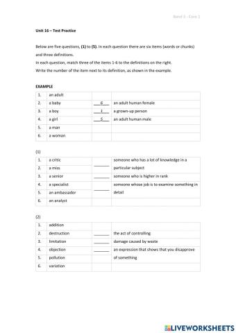 Band 3 (Core 1) - Unit 16 - Test