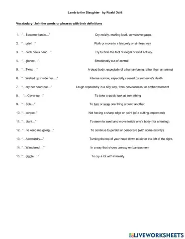 Lamb to the Slaughter   by Roald Dah Activity 2 Vocabulary