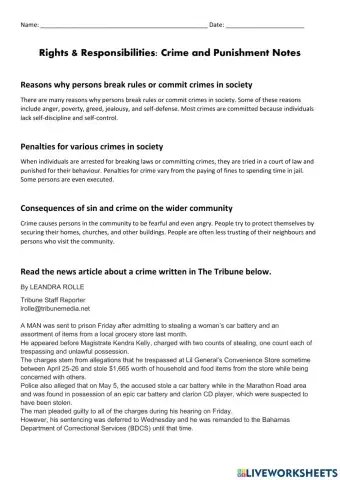 Rights and Responsibilities : Crime and Punishment Notes