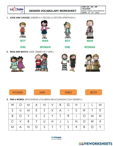 Gender vocabulary worksheet