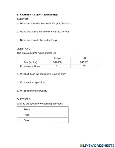 Y7 chapter 7.1 kenya worksheet
