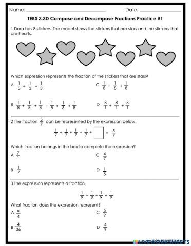 TEKS 3.3D Compose and Decompose Fractions Practice -1