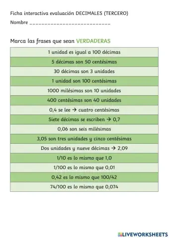 Ficha interactiva decimales tercero