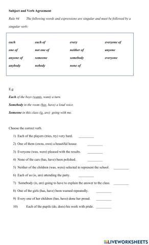 Subject and Verb Agreement (Singular words and phrases)