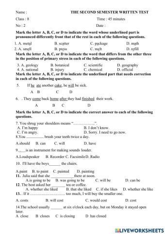 Đề kiểm tra học kỳ 2 lớp 8