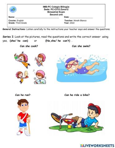 EXAMEN INGLÉS 3RO UNIDAD 2