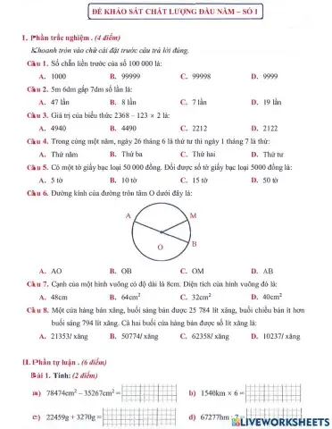 Toán 3 lên 4: Đề khảo sát chất lượng đầu năm số 1
