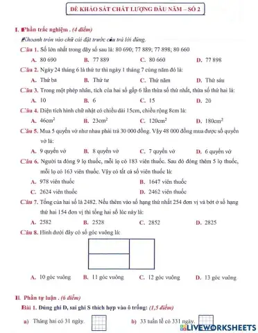 Toán 3 lên 4: Đề khảo sát chất lượng đầu năm số 2