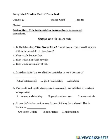 Exchange All Age - Grade 3  Easter Term Test