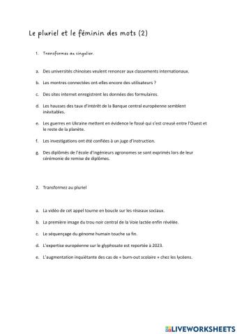 Transposition. Féminin, féminin pluriel, masculin, masculin pluriel