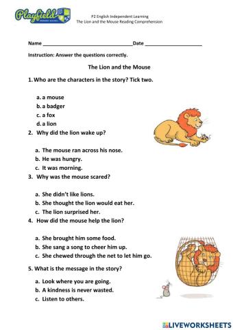 The Lion and The Mouse Reading Comprehension