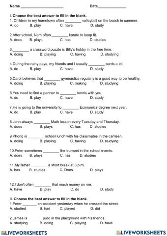 English 6 - Unit 1 Vocabulary play-do-have-study
