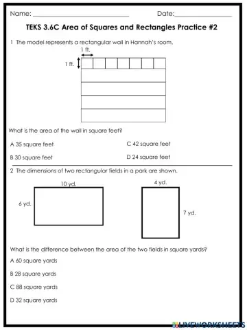 TEKS 3.6C Area of Squares and Rectangles Practice -2