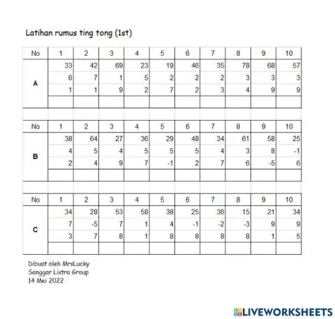 Penambahan dan pengurangan ting tong (1st)