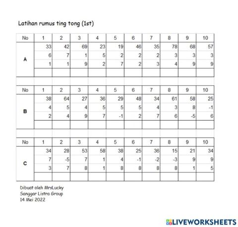Penambahan dan pengurangan ting tong (1st)