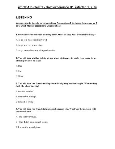 4th Year Test 1 - Gold experienceB1 (starter unit, 1, 2, 3)