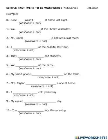 Simple Past (verb to be) Negative