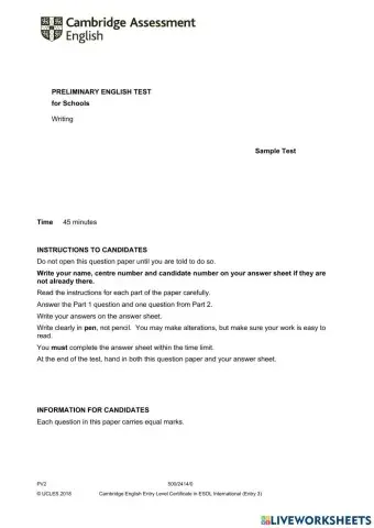 Preliminary English Test for Schools Writing Sample Test