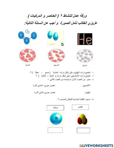ورقة  عمل لنشاط العناصر و المركبات