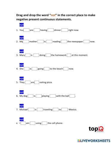 Negative present continuous sentences