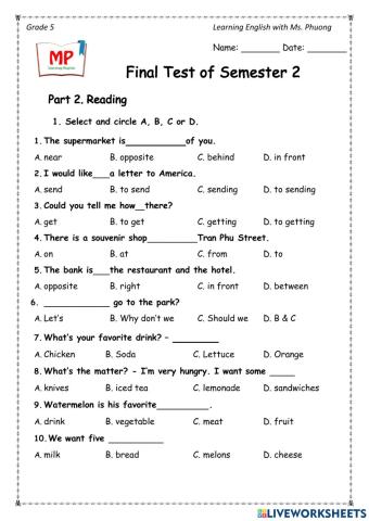 English 5 - The 2nd term test - Reading