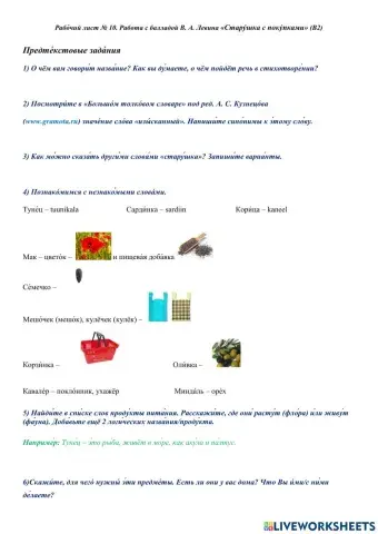 Рабо́чий лист № 10. Работа с балладой В. А. Левина «Стару́шка с поку́пками» (B2)