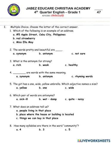 Grade 1 - 4th Quarter Exam