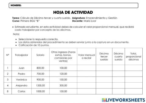 Cálculo de Décimo tercer y cuarto sueldo