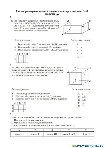 Взаємне розміщення прямих і площин у завданнях ЗНО2016-2021 рр