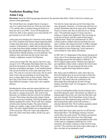 Nonfiction Readint Test: Asian Carp