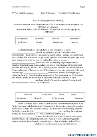 Transition Words Exercise - Informational and Argumentative Paragraphs