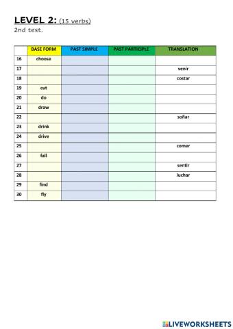 Past irregular test 2