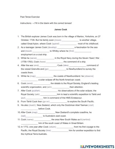 James Cook - Past Tense exercise