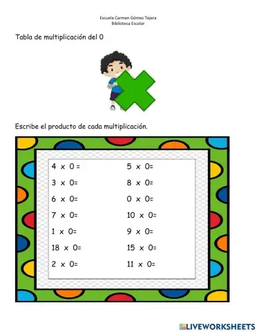 Tabla de multiplicar del cero
