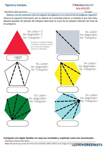Figuras y cuerpos. Ángulos interiores de un polígono. Hoja 62