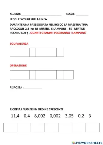 Problemi, equivalenze e ordine crescente numeri decimali