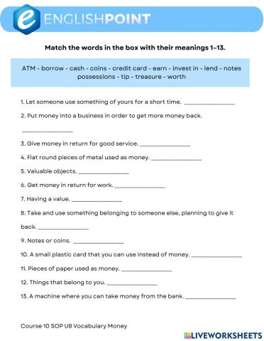 Money vocabulary gapfilling