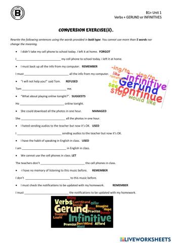 VERB + GERUND or INFINITIVES -CONVERSION exercise