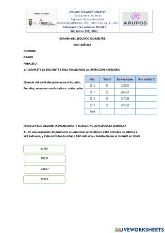 Evaluación quimestral matemática
