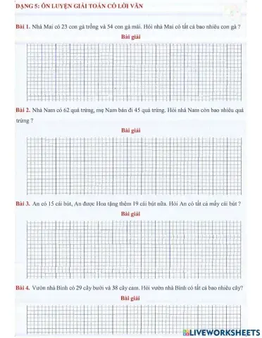 Toán 2 lên 3 - Dạng 5: Toán có lời văn (bài 1 đến bài 28)