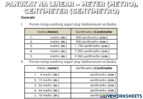 Panukat na linear – meter (metro), centimeter (sentimetro)
